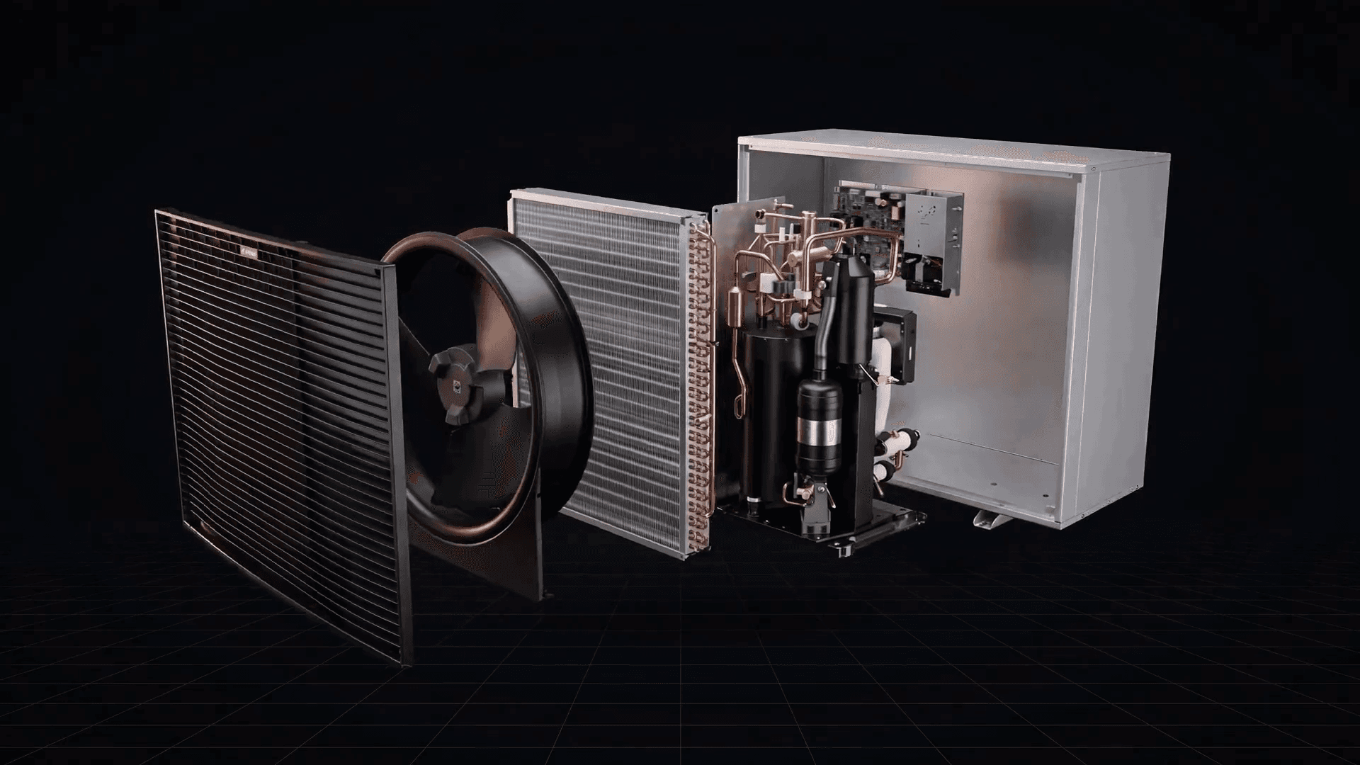 Exploded view of a Daikin Altherma 4 outdoor unit: grille, fan, coil, compressor, electronics and casing. Generated from Daikin Altherma 4 product images; the internal parts are illustrative.