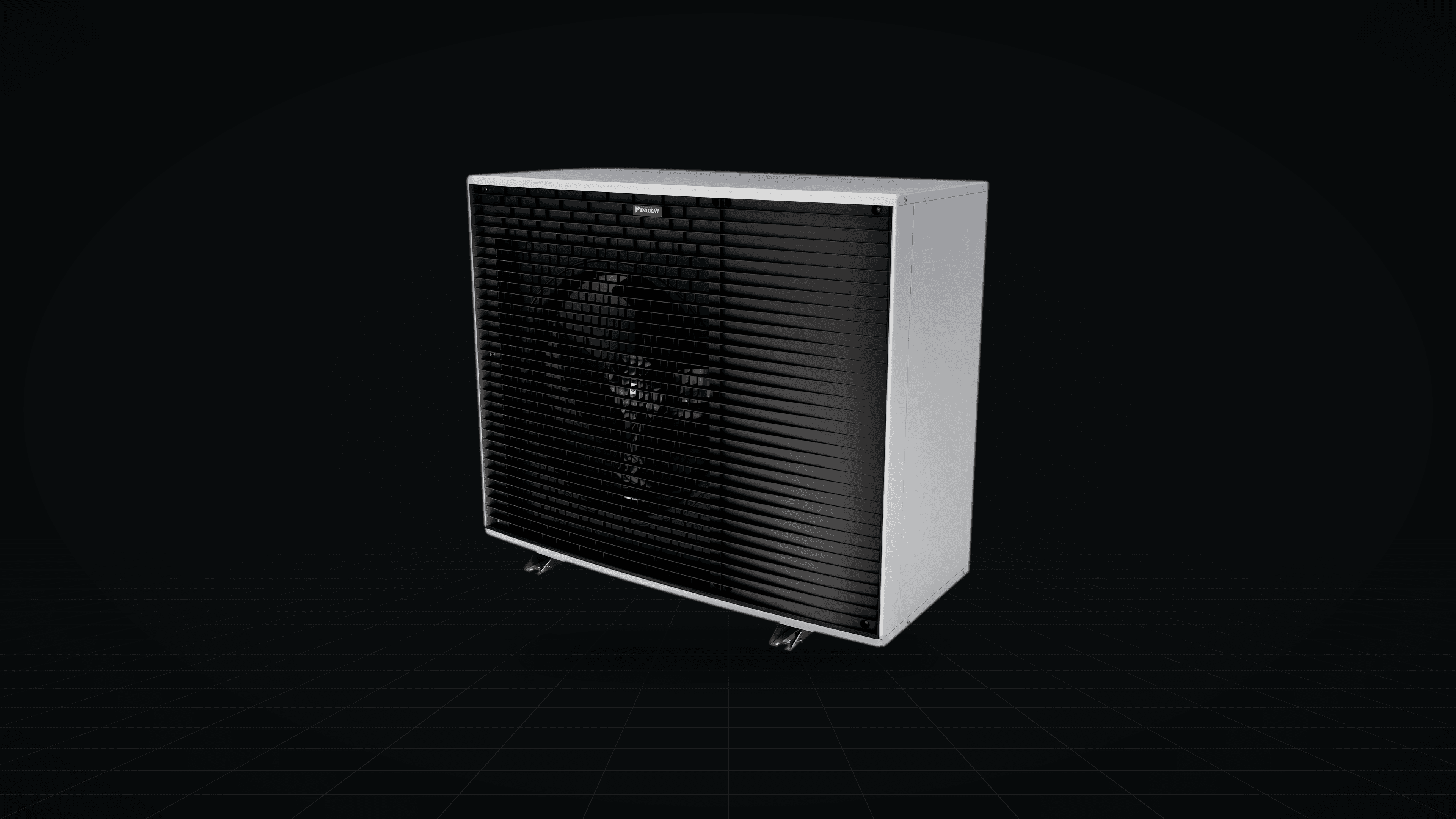 Daikin Altherma 4 outdoor unit that comes apart as you scroll: grille, fan, coil, compressor, electronics and casing. Animation generated from Daikin Altherma 4 product images; the internal parts are illustrative.